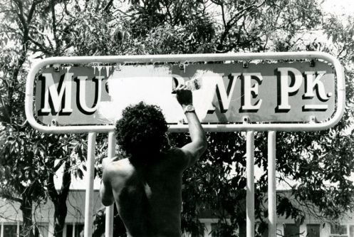 painting over musgrave park sign slq bob weatherall