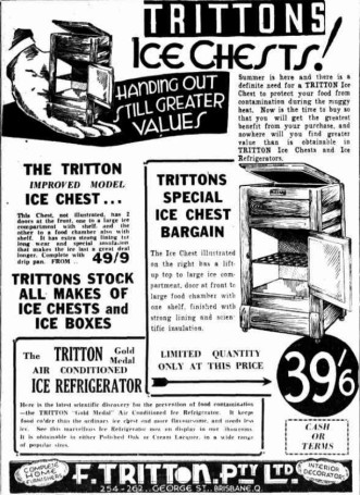 Ice chests for sale, Brisbane Telegraph 5th October 1937. (Trove)